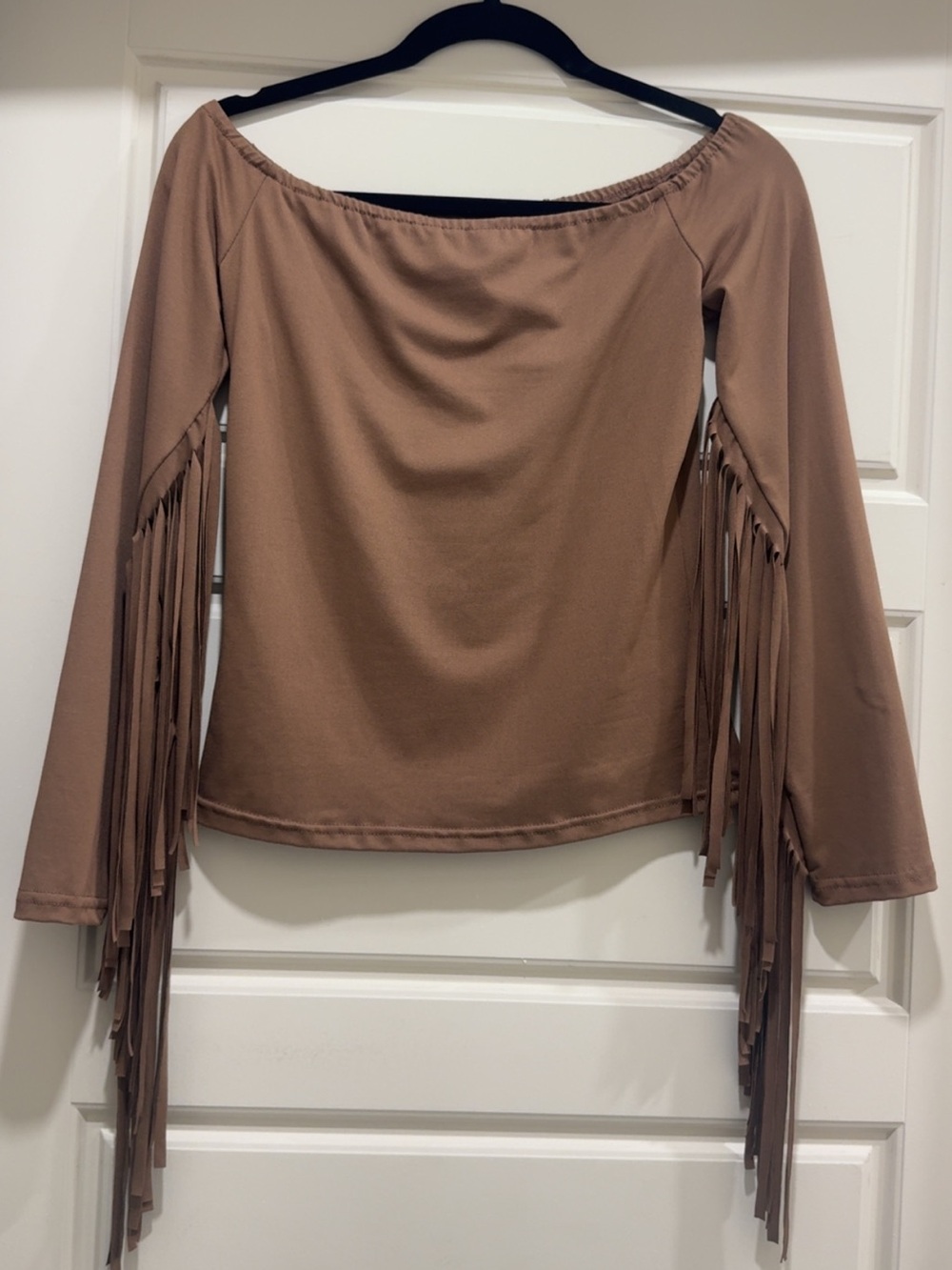 SHEIN Brown Off-Shoulder Fringe Long Sleeve Top